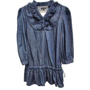 ForMe Jeans Womens Blue Chambray Tunic Top Size Large Ruffle Neck Drawstring Hem
